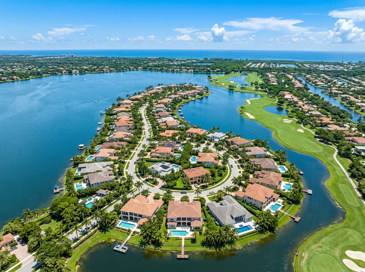 Aerial view of homes clustered on a lake peninsula in South Florida